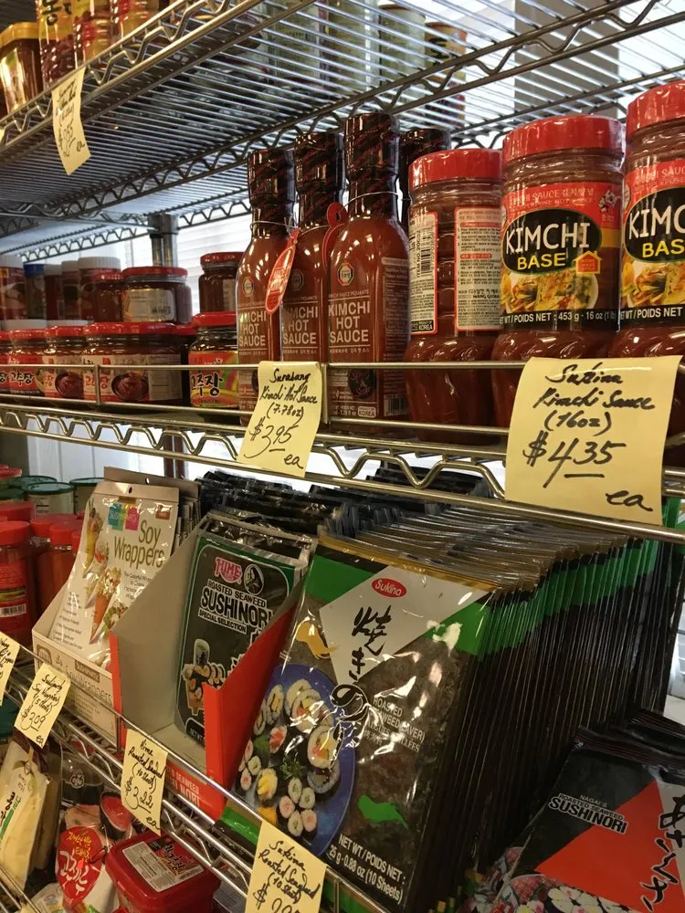 Kimchi sauces and seaweed products on a store shelf