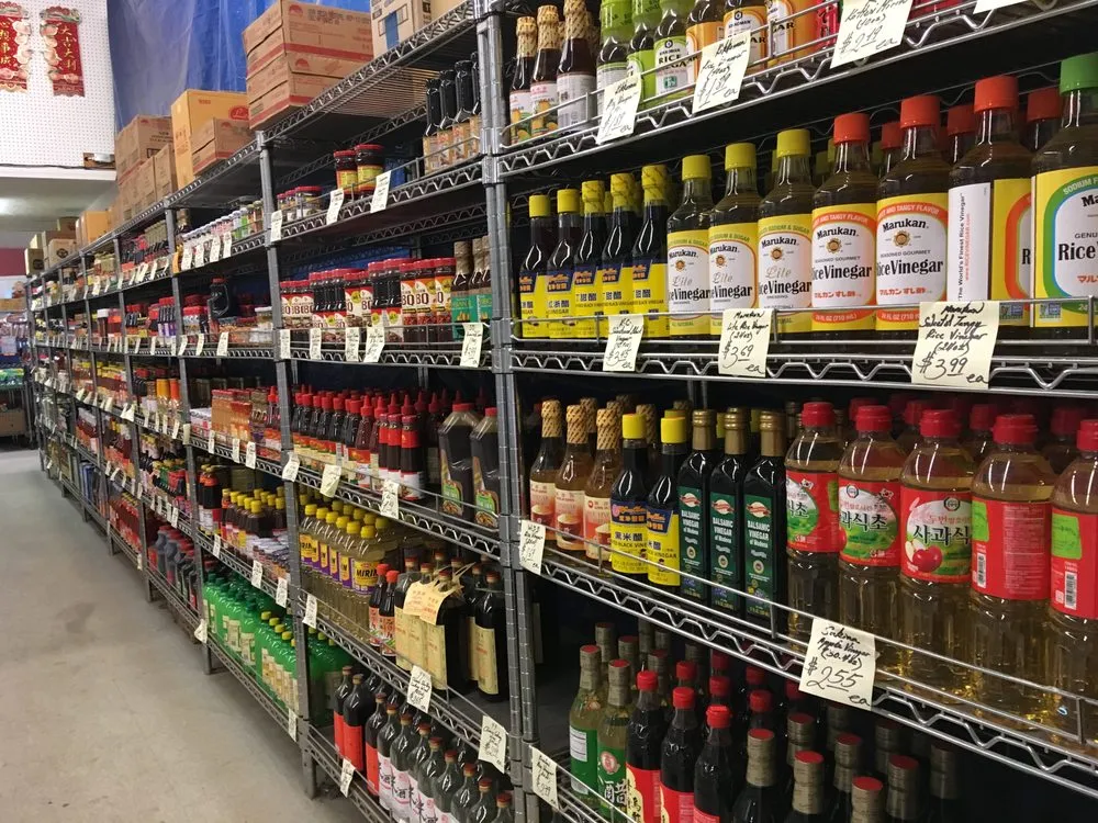 Sauces, vinegars, and pantry ingredients inside Tran's Market